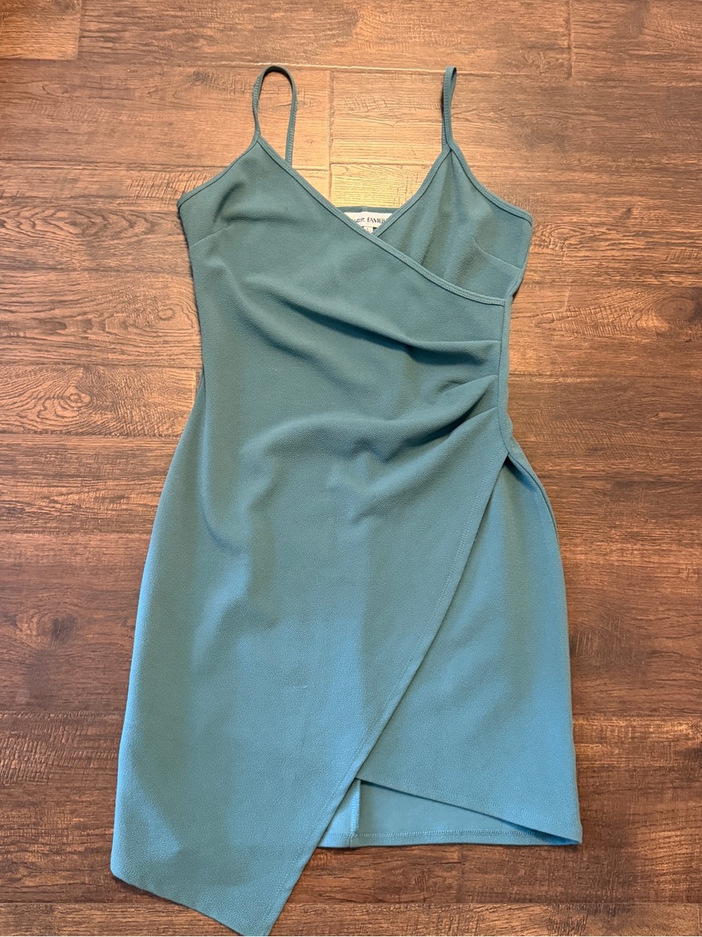 Almost Famous Womens Sage Green Faux Wrap Ruched Asymmetrical Mini Dress L